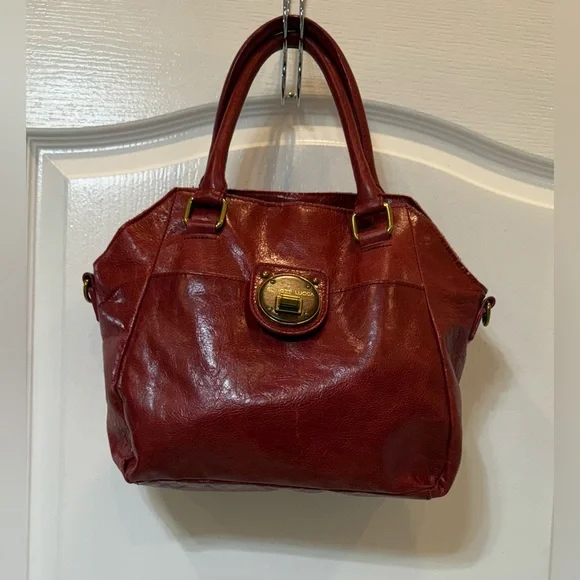 Elliott Lucca Red Dome Satchel  Bag Leather with Gold Accents & Crossbody Straps - Picture 3 of 10